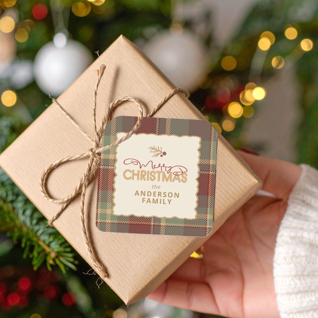 Sticker Carré Merry Christmas Tartan Border ID1141A (Créateur téléchargé)