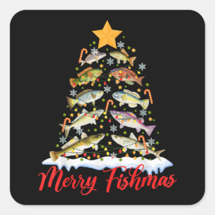 Sticker Carré Merry Fishmas Funky Christmas Tree Lights Fish Fis