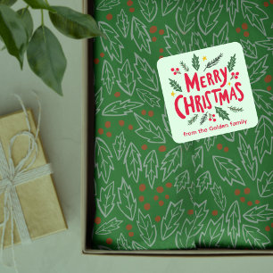 Sticker Carré MERRY NOËL MAIN-Tiré Fête Whimsical PERSONNALISÉ