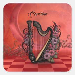 Sticker Carré Merveilleuse harpe aux fleurs colorées.