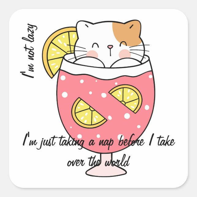 Sticker Carré Merveilleux Lazy Cat texte personnalisé (Devant)