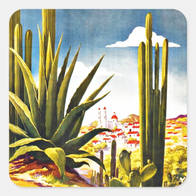 Sticker Carré Mexique Vintage voyage Cactus (Devant)