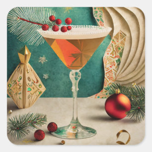 Sticker Carré Mi-Siècle Cocktail de Noël Fête Happy Hour