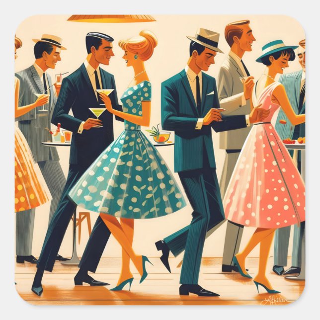 Sticker Carré Mi-siècle Moderne Martinis Danser Cocktail Party (Devant)