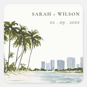 Sticker Carré Miami Florida Aquarelle Palm Mariage paysage