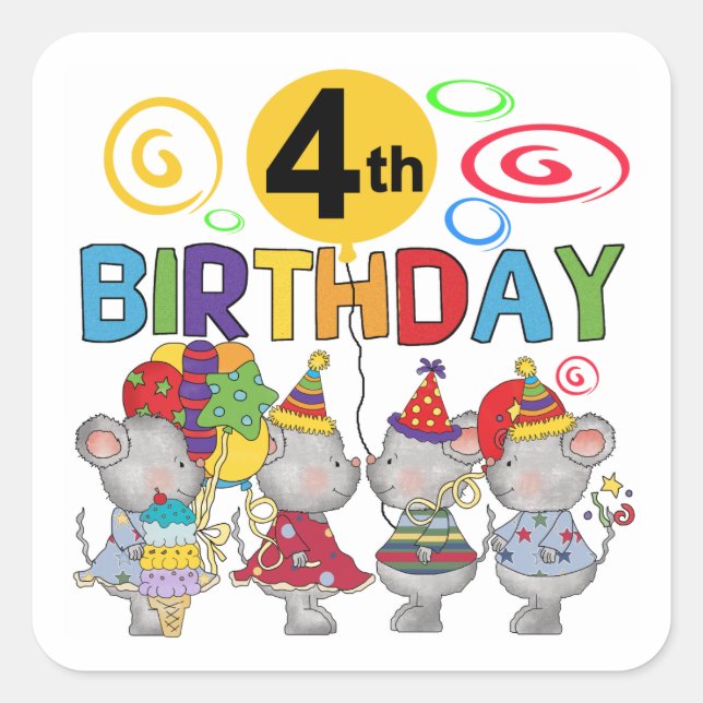Sticker Carré Mice 4th Birthday T-shirts et cadeaux (Devant)