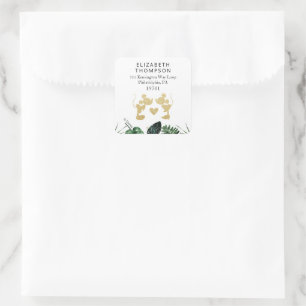 Sticker Carré Mickey & Minnie Tropical Faux Or Mariage