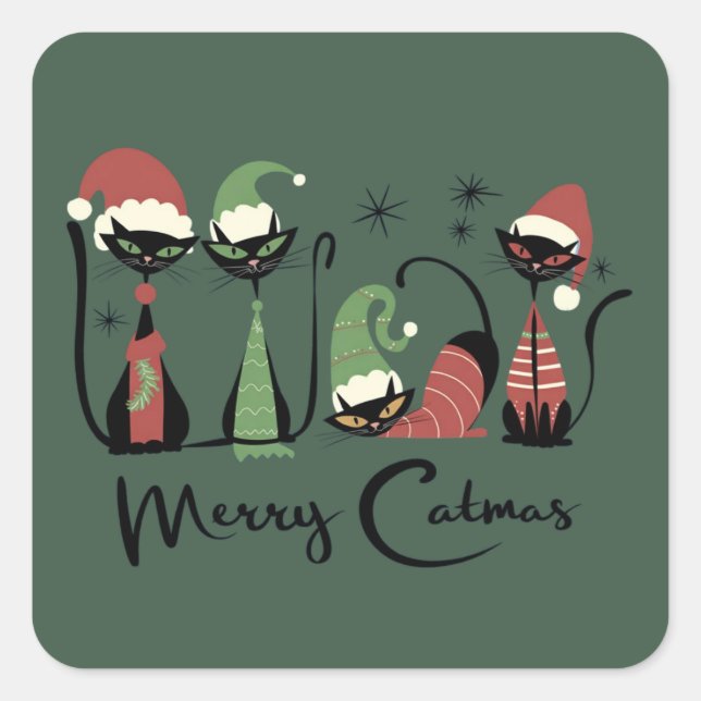 Sticker Carré Mid Century Christmas Cats Atomic 50s Style (Devant)