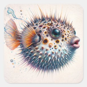 Sticker Carré Mignon Art de Vie Marine Poisson-Tétraodon
