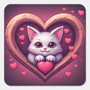 Sticker Carré Mignon Chat Blanc avec Design Kawaii de l'Amour de