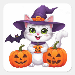 Sticker Carré Mignon Chat Blanc Citrouille Chapeau de Sorcière H