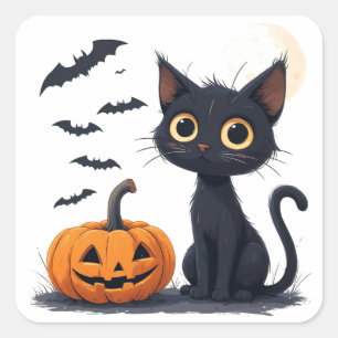 Sticker Carré Mignon Chat Noir Kawaii Halloween Amusant 🎃
