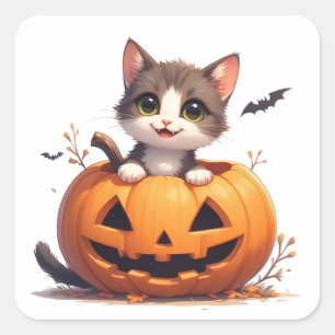 Sticker Carré Mignon Chaton Dans Une Scène D'Halloween D'Automne