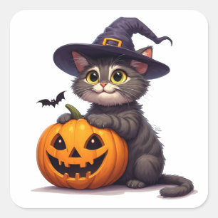 Sticker Carré Mignon Chaton d'Halloween avec Chapeau de Sorcière