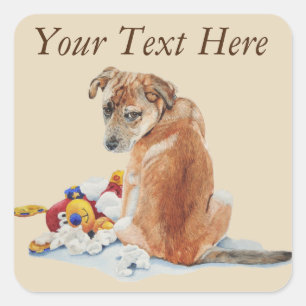 Sticker Carré mignon chiot brun avec chiot déchirée