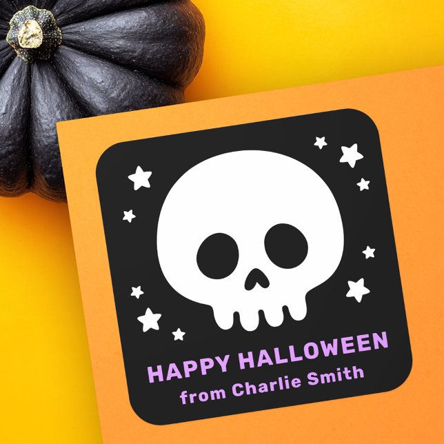 Sticker Carré Mignon crâne avec étoiles violet noir Joyeux Hallo (Cute skull with stars black purple Happy Halloween Square Sticker)