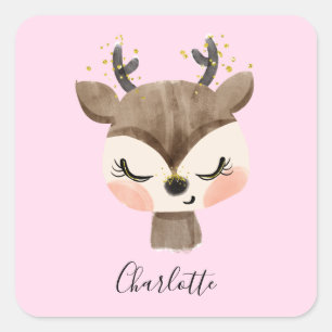 Sticker Carré Mignon Cute & Girly Pastel Rose Pâle Bébé Renne