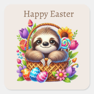 Sticker Carré Mignon Joyeuses Pâques paresseux