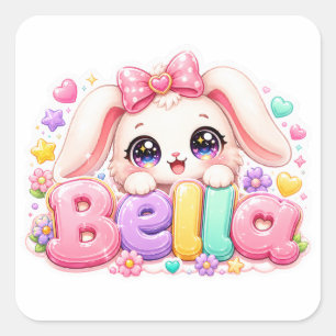 Sticker Carré Mignon Kawaii Bella Bunny Nom Pastel Floral Rose