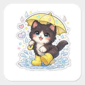 Sticker Carré Mignon Kawaii Chat Noir et Blanc avec Parapluie