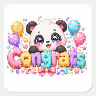 Sticker Carré Mignon Kawaii Félicitations Panda Nom Pastel Rose 
