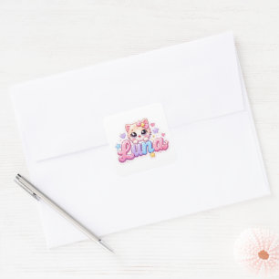 Sticker Carré Mignon Kawaii Luna Nom de Chat Pastel Rose Étincel