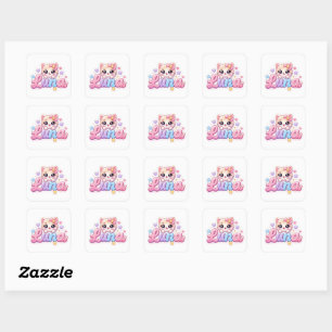Sticker Carré Mignon Kawaii Luna Nom de Chat Pastel Rose Étincel