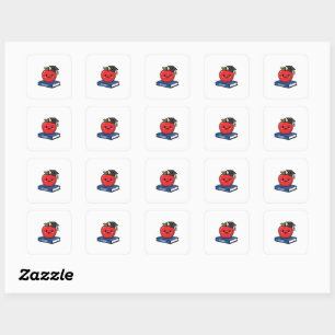 Sticker Carré Mignon Kawaii Pomme Rouge Portant une Casquette de