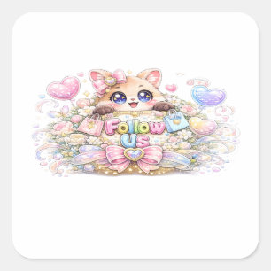 Sticker Carré Mignon Kawaii Suivez-Nous Chat Pastel Rose Réseaux