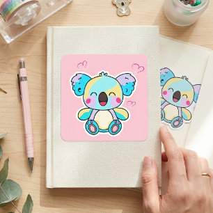 Sticker Carré Mignon koala bébé Kawaii souriant avec des cœurs d