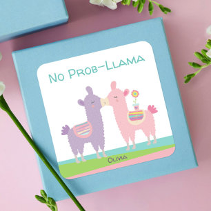 Sticker Carré Mignon lama rose violet embrassant école fille kaw
