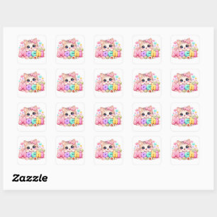 Sticker Carré Mignon Mochi Chat Nom Pastel Rose Étincelant K