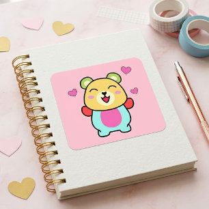 Sticker Carré Mignon ours en peluche Kawaii souriant avec des cœ