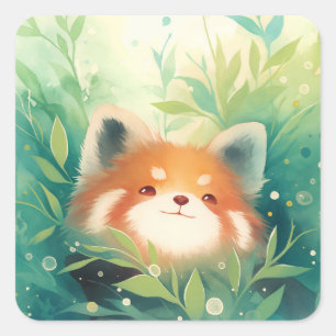 Sticker Carré Mignon panda roux regardant à travers la forêt ver