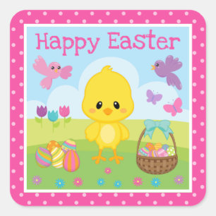 Sticker Carré Mignon Pâques Poulet de printemps et œufs en choco