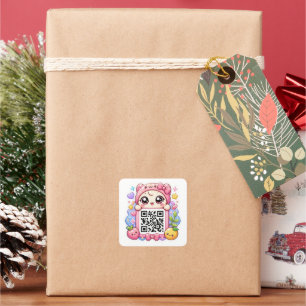 Sticker Carré Mignon personnage de code QR rose Kawaii Floral Pa