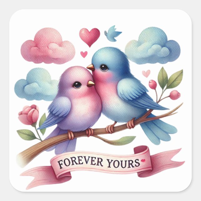 Sticker Carré Mignon pour toujours votre couple d'oiseaux Valent (Devant)
