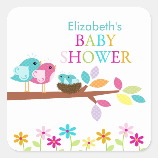 Sticker Carré Mignonette Oiseaux Nest Merci Twins Baby shower Ca (Devant)
