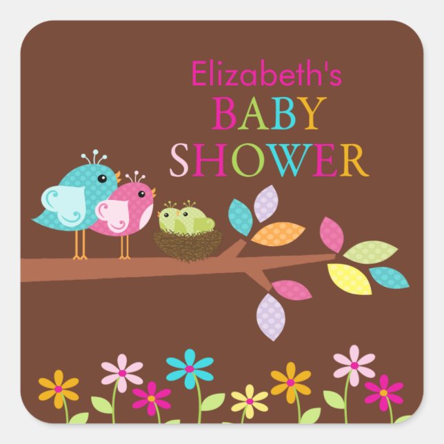 Sticker Carré Mignonette Oiseaux Nest Merci Twins Baby shower Ca (Devant)