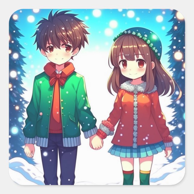 Sticker Carré Mignonne Anime Couple tenant Mains Noël (Devant)