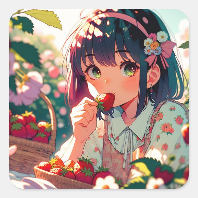 Sticker Carré Mignonne Anime Girl Mange des fraises | Jour d'été (Devant)