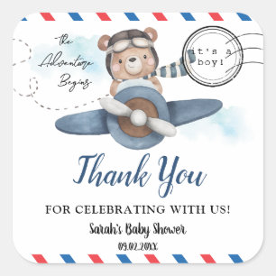 Sticker Carré Mignonne Bear Plane Aventure Commence Baby shower 