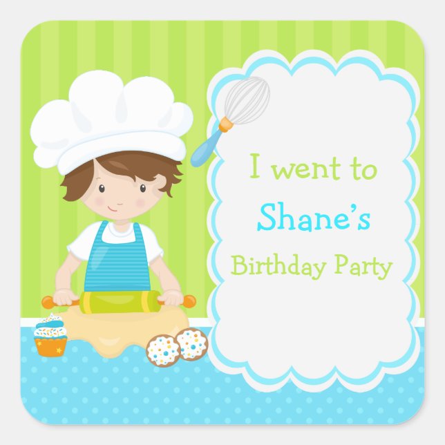 Sticker Carré Mignonne Brunette Boy Baking 'Je suis allé à' (Devant)