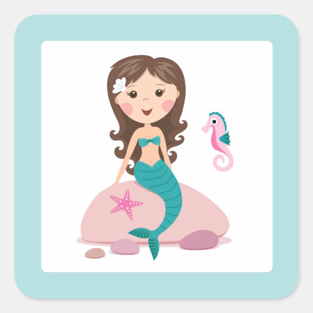 Sticker Carré Mignonne brunette fille sirène avec hippocampe d'é (Devant)