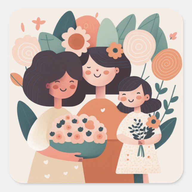 Sticker Carré Mignonne caricature fille fille mère filles. Fête  (Devant)