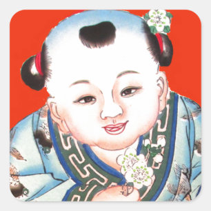 Sticker Carré Mignonne Chinois rire bon bouddha de chance sur ro
