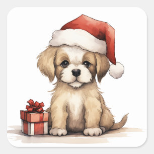 Sticker Carré Mignonne chiot portant un chapeau de Noël