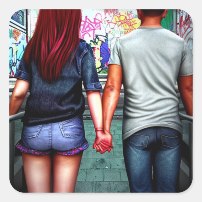 Sticker Carré Mignonne City Couple tenant Les Mains Art Urbain (Devant)
