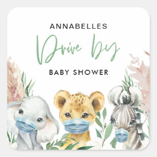 Sticker Carré Mignonne conduite de masque de covid animal par bé