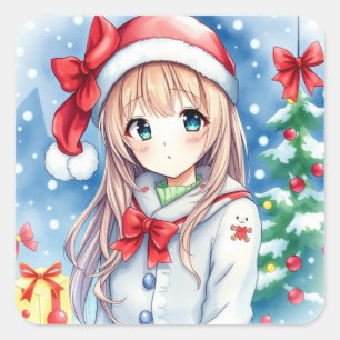Sticker Carré Mignonne Festive Anime Fille Noël